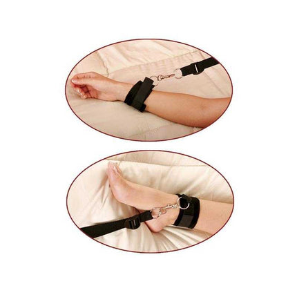 Hands and feet secured with Bed Bindings Restraint Kit on mattress, showing premium nylon tethers and neoprene-lined cuffs.