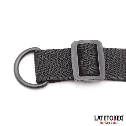 Detail of adjustable strap from Bed Eestraint Set with Blindfold Adjustable Cuffs by Latetobed BDSM Line