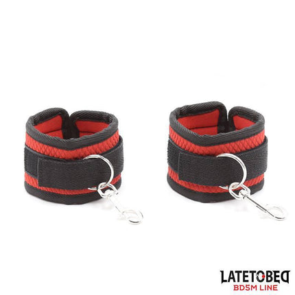 Bed Eestraint Set with Blindfold Adjustable Cuffs from Latetobed BDSM Line, featuring black and red Velcro handcuffs.