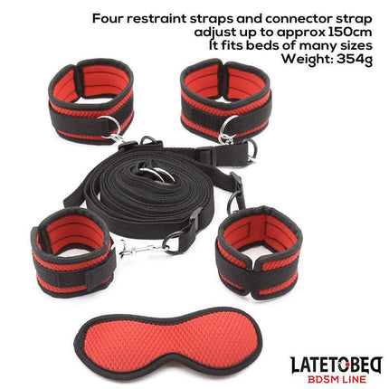 Bed Eestraint Set with Blindfold Adjustable Cuffs – black and red restraint set with cuffs and blindfold from Latetobed BDSM Line