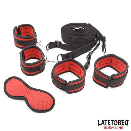 Bed Eestraint Set with Blindfold Adjustable Cuffs for sensory play by Latetobed BDSM Line, featuring red and black color scheme.