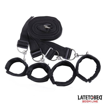 Bed Restraint Set with Adjustbable and Desmontable Cuffs featuring adjustable Velcro cuffs and removable handcuffs.