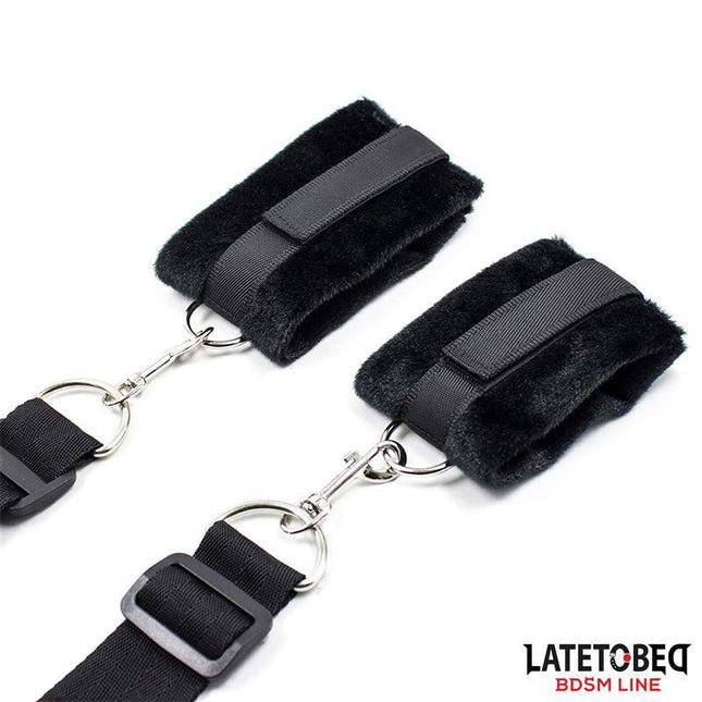 Bed Restraint Set with Adjustbable and Desmontable Cuffs featuring black adjustable Velcro cuffs with detachable rings, Latetobed branding.