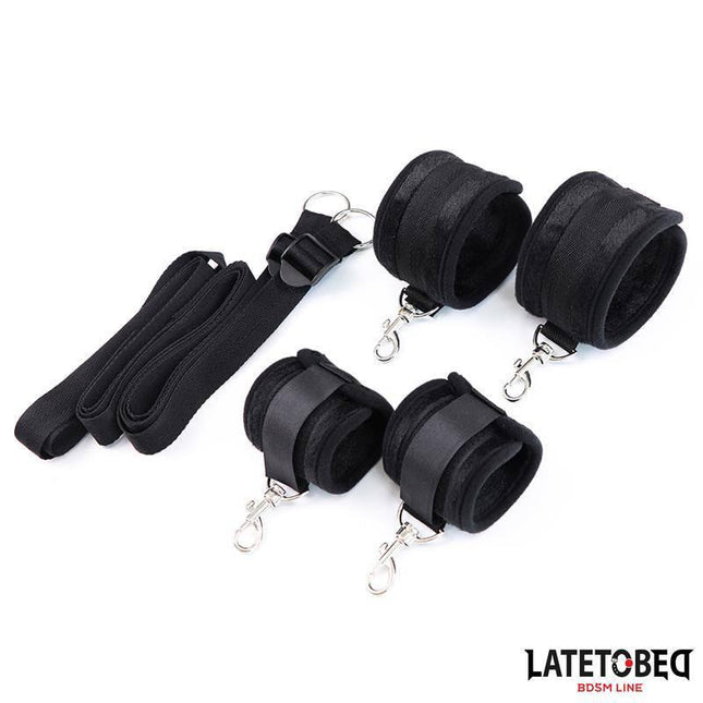 Black Bed Restraints Adjustable set featuring fully adjustable cuffs and straps for secure and comfortable bedroom play.