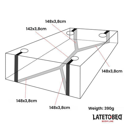 Diagram of Bed Restraints by Latetobed showing dimensions and configuration options for BDSM play.