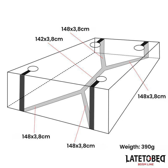 Diagram of Bed Restraints by Latetobed showing dimensions and configuration options for BDSM play.