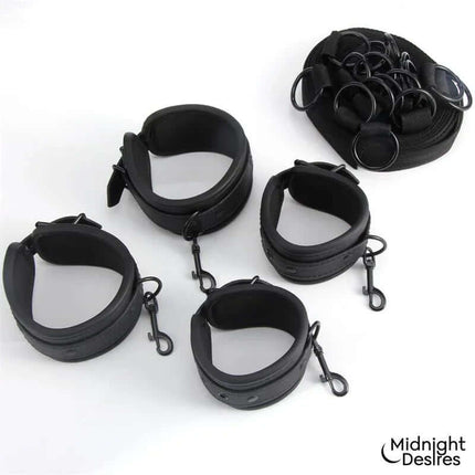 Bed Restraint Set with adjustable vegan leather cuffs and straps by Midnight Desires for secure and comfortable bedroom play.