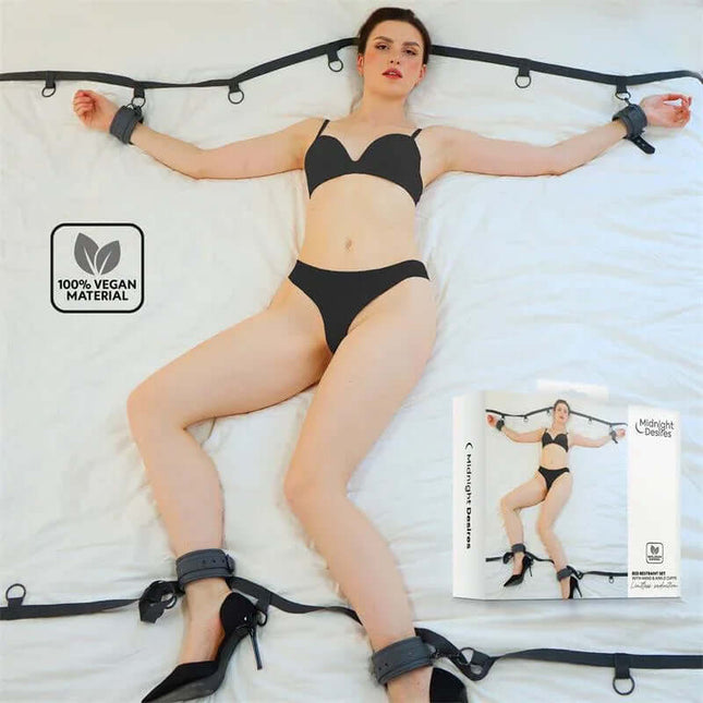 Person demonstrating Bed Restraint Set with adjustable straps and vegan leather cuffs, offering secure and comfortable fit on most beds.