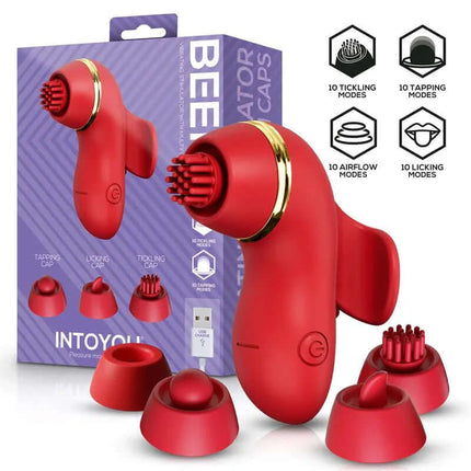 Beeny Stimulator with 4 Caps, Suction, Tapping, Tickling and Licking displayed with its four interchangeable heads in packaging.