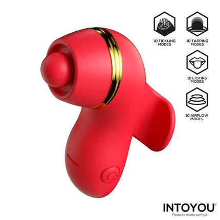 Beeny Stimulator with 4 Caps, Suction, Tapping, Tickling and Licking by INTOYOU in red with interchangeable heads for various sensations.