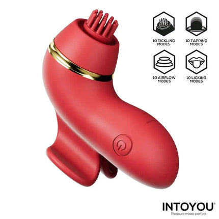 Beeny Stimulator with 4 Caps, Suction, Tapping, Tickling and Licking in red, featuring interchangeable heads and multiple modes by INTOYOU