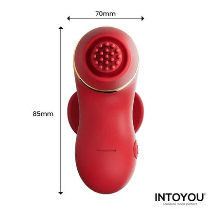 Red Beeny Stimulator with 4 Caps, Suction, Tapping, Tickling and Licking, showing dimensions of 70mm x 85mm displayed against a white background.