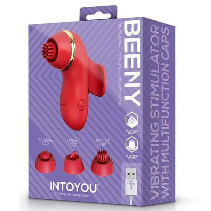 Beeny Stimulator with 4 Caps, Suction, Tapping, Tickling and Licking by INTOYOU in product packaging.
