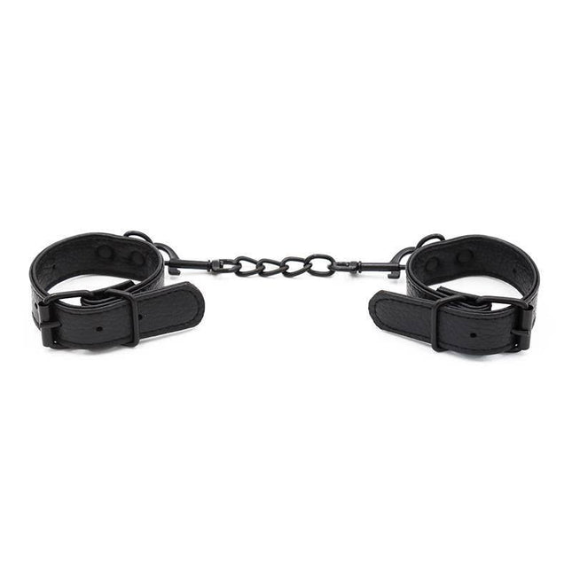 Black leather Beginner Adjustable handcuffs with detachable chain for secure and comfortable restraint.