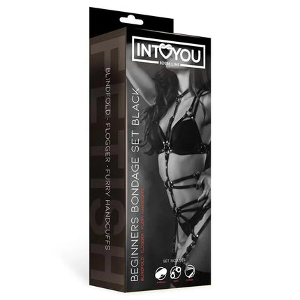 Packaging of Beginners Bondage Set 3 Pieces Black featuring woman in bondage gear from Fetish by Intoyou collection.