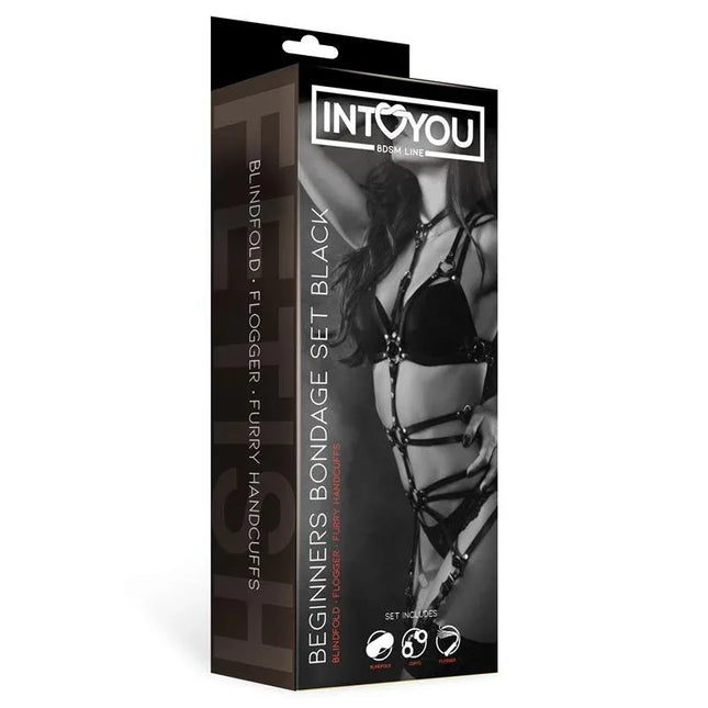 Packaging of Beginners Bondage Set 3 Pieces Black featuring woman in bondage gear from Fetish by Intoyou collection.