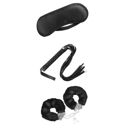Beginners Bondage Set 3 Pieces Black with eye mask, flogger, and handcuffs, perfect for exploring the Fetish by Intoyou collection.