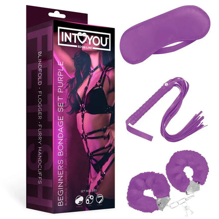 Beginners Bondage Set3 Pieces Purple with mask, flogger, and handcuffs by Fetish Intoyou for playful exploration.