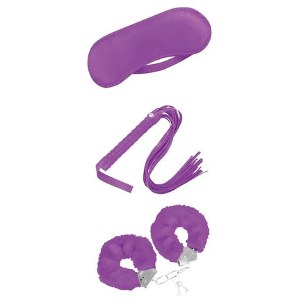 Beginners Bondage Set3 Pieces Purple with eye mask, flogger, and furry handcuffs from Fetish by Intoyou collection.