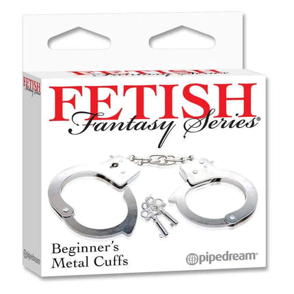 Packaging for Beginners Metal Handcuffs, showcasing metal cuffs and keys, part of the Fetish Fantasy Series by Pipedream.