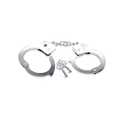 Beginners Metal Handcuffs with keys, showcasing durable construction for safe and reliable use in playful restraint scenarios.