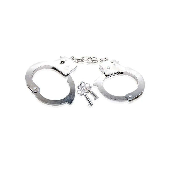 Beginners Metal Handcuffs with keys, showcasing durable construction for safe and reliable use in playful restraint scenarios.