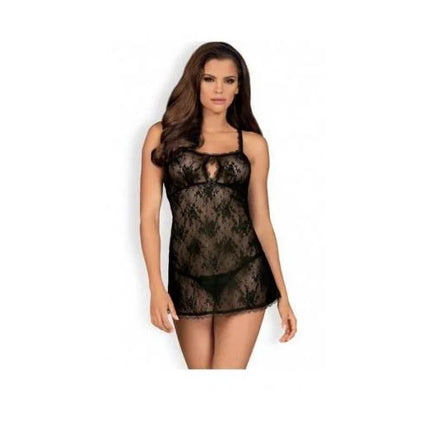 Behindy babydoll and Thong L/XL in black lace, modeled by woman; intimate lingerie with flattering fit and delicate design details.