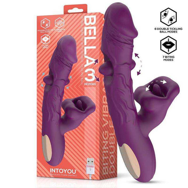 Bella Vibe with Double Tickling Ball and Biting 3 Motors vibrator in packaging, showcasing its triple-motor design and unique features.