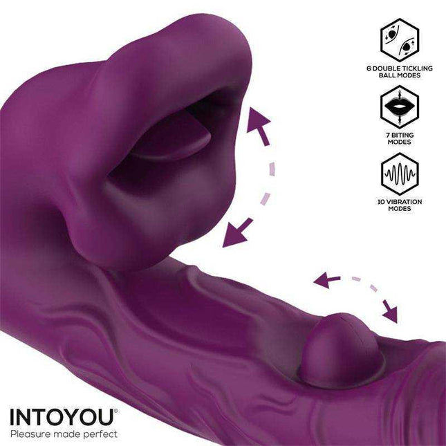 Bella Vibe with Double Tickling Ball and Biting 3 Motors showing features of vibration, biting, and tickling modes by Intoyou.
