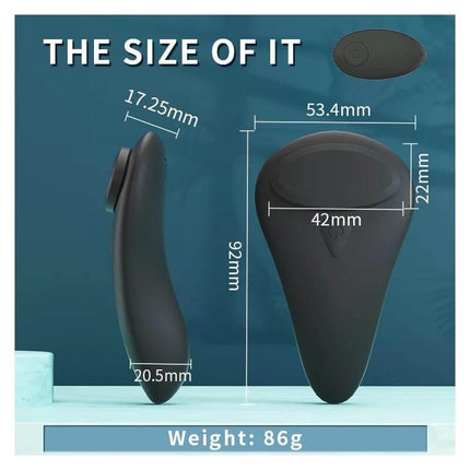 Bengi remote control panty stimulator size chart showing dimensions and weight in black liquified silicone design