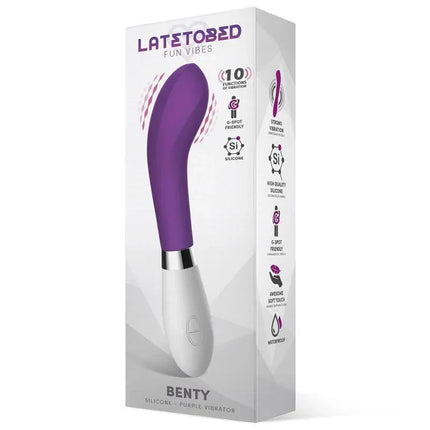 Benty Vibe Silicone Purple ergonomic vibrator for G-spot stimulation, featuring soft silicone, 10 vibration modes; box view.