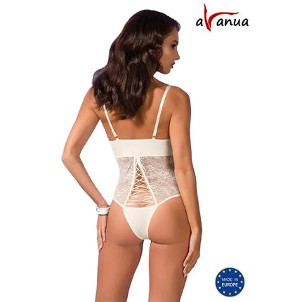 Back view of Bianca Body Ecru bodysuit with lace trimmings and tie detailing, showcasing elegant and sensual design.