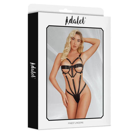 Bianca Teddy with Straps Thong Style packaging by Adalet displayed with model wearing strappy bodysuit.