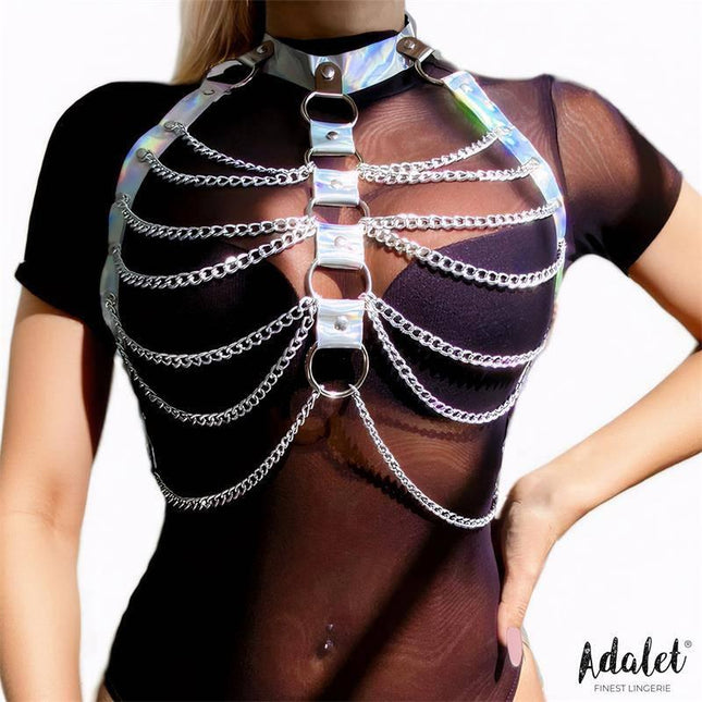 Bianca Vegan Leather Chest Harness with Chain One size by Adalet featuring PU vegan leather and silver-toned chain on model