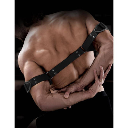 Bicep Bender in use with thick, durable nylon straps and stainless steel lock rings for adjustable restraint.