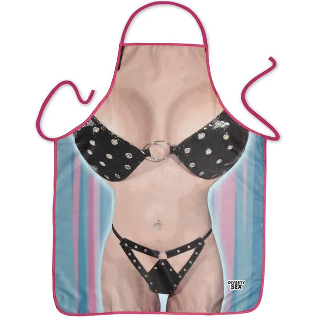 Playful 'Bikini Apron' with cheeky bikini motif design, perfect for a fun-loving kitchen atmosphere and novelty gift for friends.