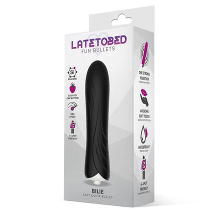 Bilie Easy Quick Vibrating Bullet Silicone Black in packaging, showcasing its ergonomic design and features for targeted stimulation.