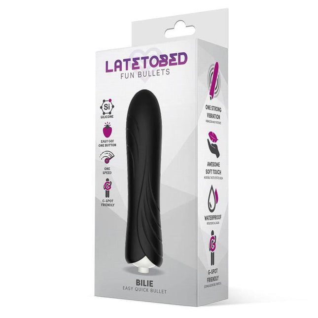 Bilie Easy Quick Vibrating Bullet Silicone Black in packaging, showcasing its ergonomic design and features for targeted stimulation.