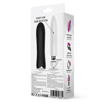 Bilie Easy Quick Vibrating Bullet Silicone Black in packaging with features highlighted
