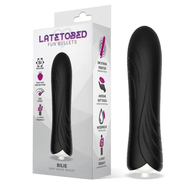 Bilie Easy Quick Vibrating Bullet Silicone Black with packaging, highlighting its ergonomic design and silky silicone texture for G-spot stimulation.