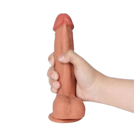 Hand holding Bill Dildo Dual Layer Silicone 8.66", realistic texture and design.