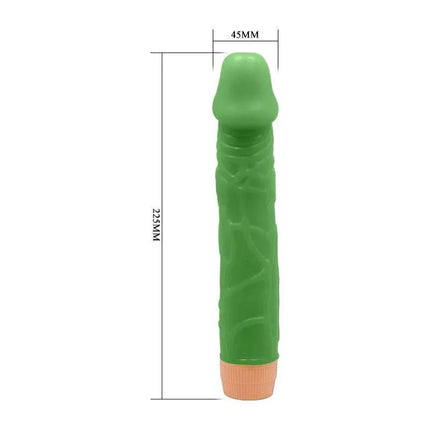 Bill Realistic Vibe 8.8 Green, body-safe TPR, multi-speed vibrating dildo, 22.5 cm length, bright green, textured design.