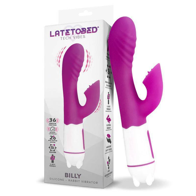 Billy USB Vibrator 36 Functions Silicone Purple with packaging, showcasing dual stimulation design and soft silicone material.
