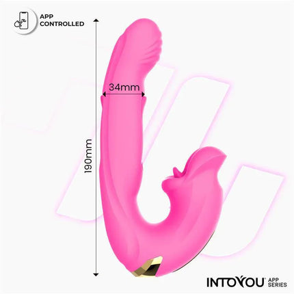 Bimby Biting and Double Tongue Tapping Vibrator with App from Intoyou® App Series in pink with measurements.