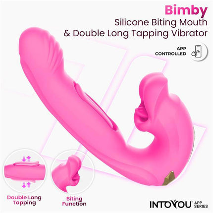 Bimby Biting and Double Tongue Tapping Vibrator with App showcasing silicone biting mouth and double long tapping feature.