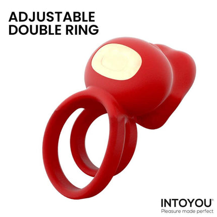 Bittey Cock Ring with Vibration and Biting, featuring adjustable double rings and ergonomic red design for enhanced pleasure.