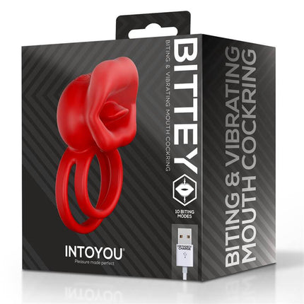 Bittey Cock Ring with Vibration and Biting in packaging, featuring ergonomic design in red.