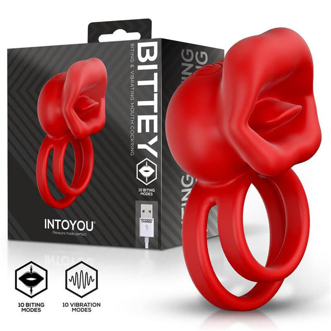 Bittey Cock Ring with Vibration and Biting in red, featuring ergonomic design with clitoral stimulator and double ring for extended pleasure.