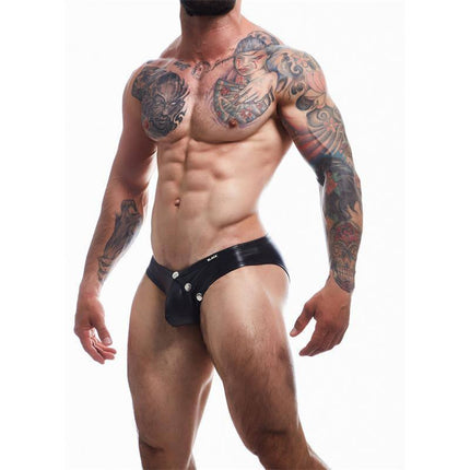 Model wearing BL4CK01 Brief Brief with Hook by CUT4MEN, showcasing ergonomic design and style.