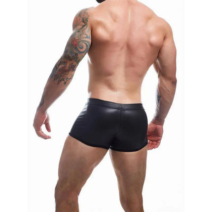 BL4CK03 Peekaboo Mini Pants showcasing sleek leather-inspired design for fashion-forward men